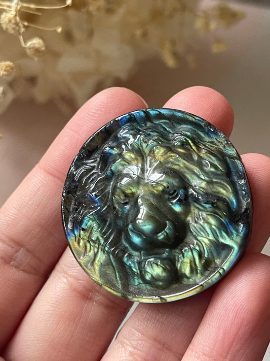 Labradorite Lion Disc Carving