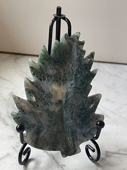 Moss Agate Crystal Leaf Carving with Display Holder