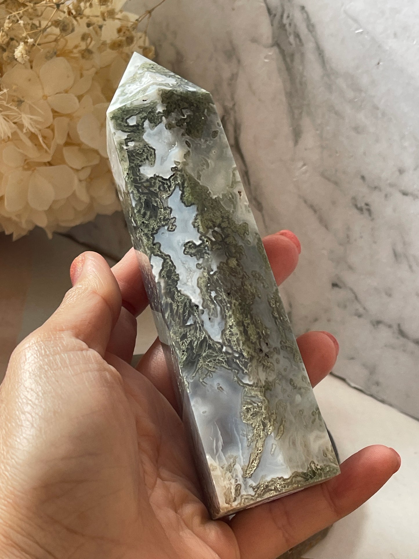 Moss Agate Crystal Tower