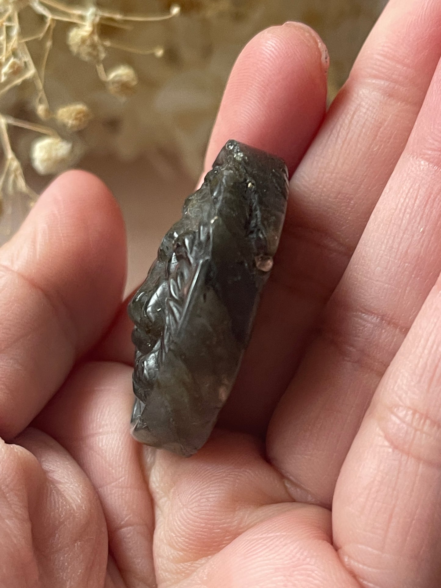 Labradorite Lion Disc Carving