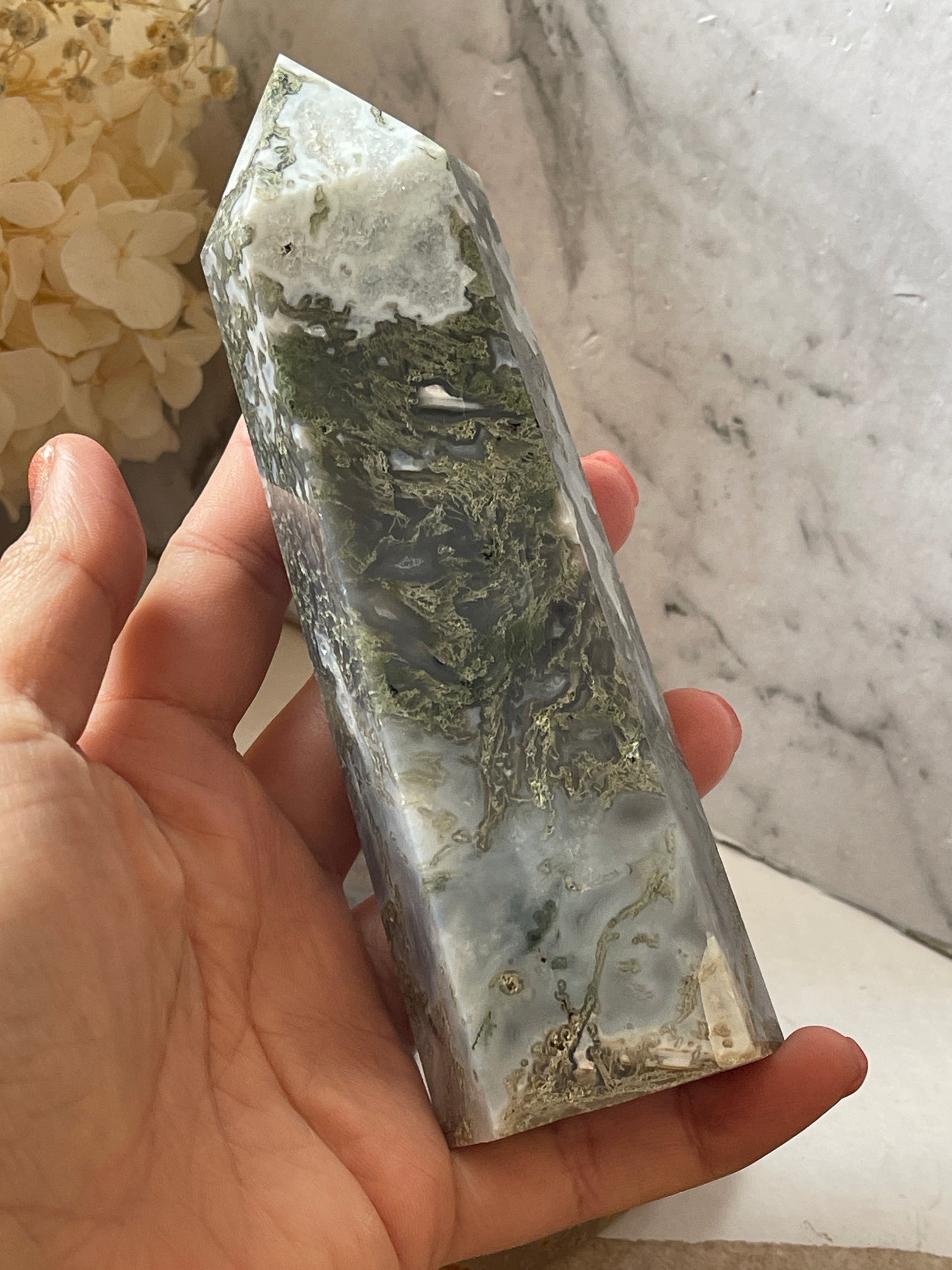 Moss Agate Crystal Tower