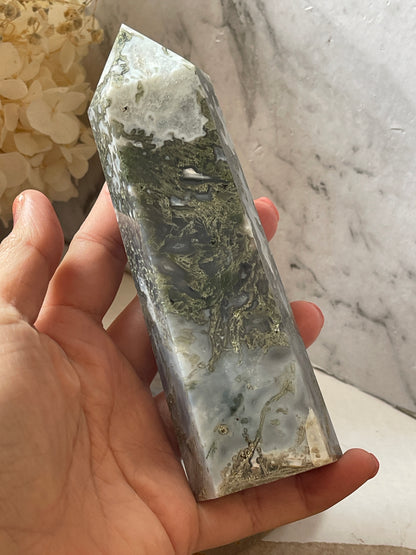 Moss Agate Crystal Tower