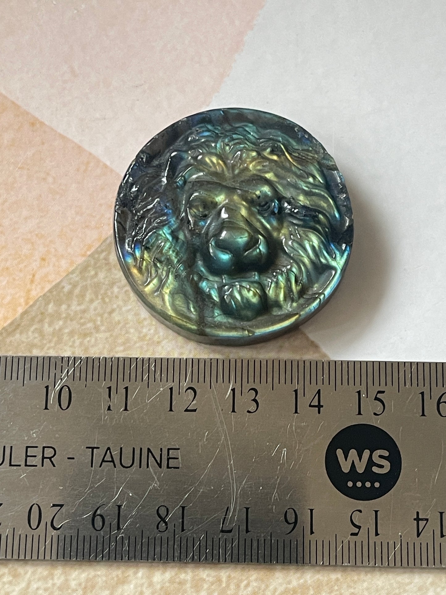 Labradorite Lion Disc Carving