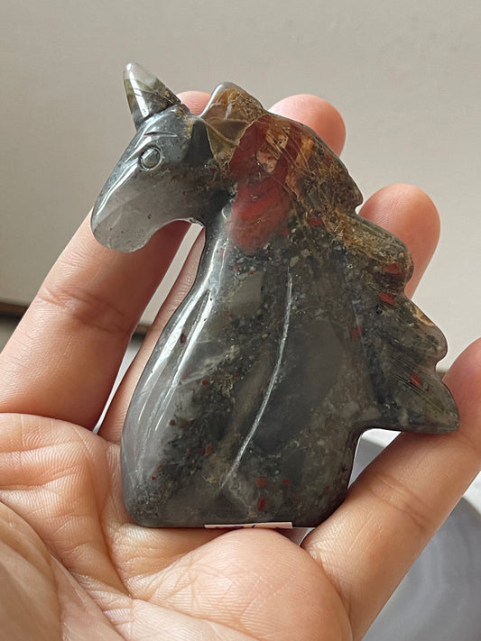 African Bloodstone Unicorn Crystal Carving