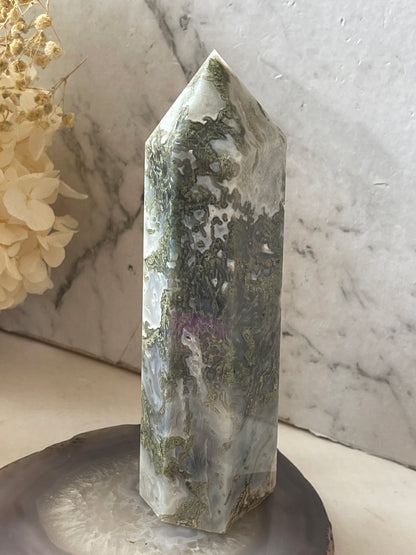 Moss Agate Crystal Tower