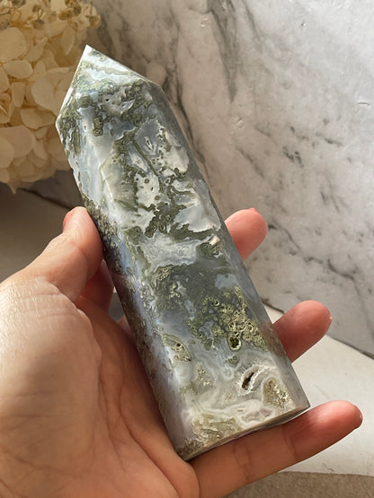 Moss Agate Crystal Tower