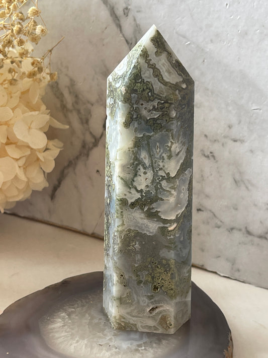 Moss Agate Crystal Tower