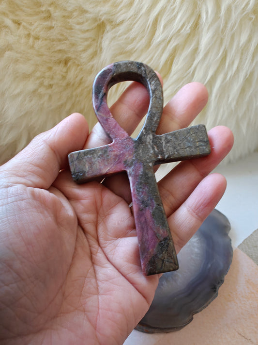 Ankh Cross Carving-Rhodonite