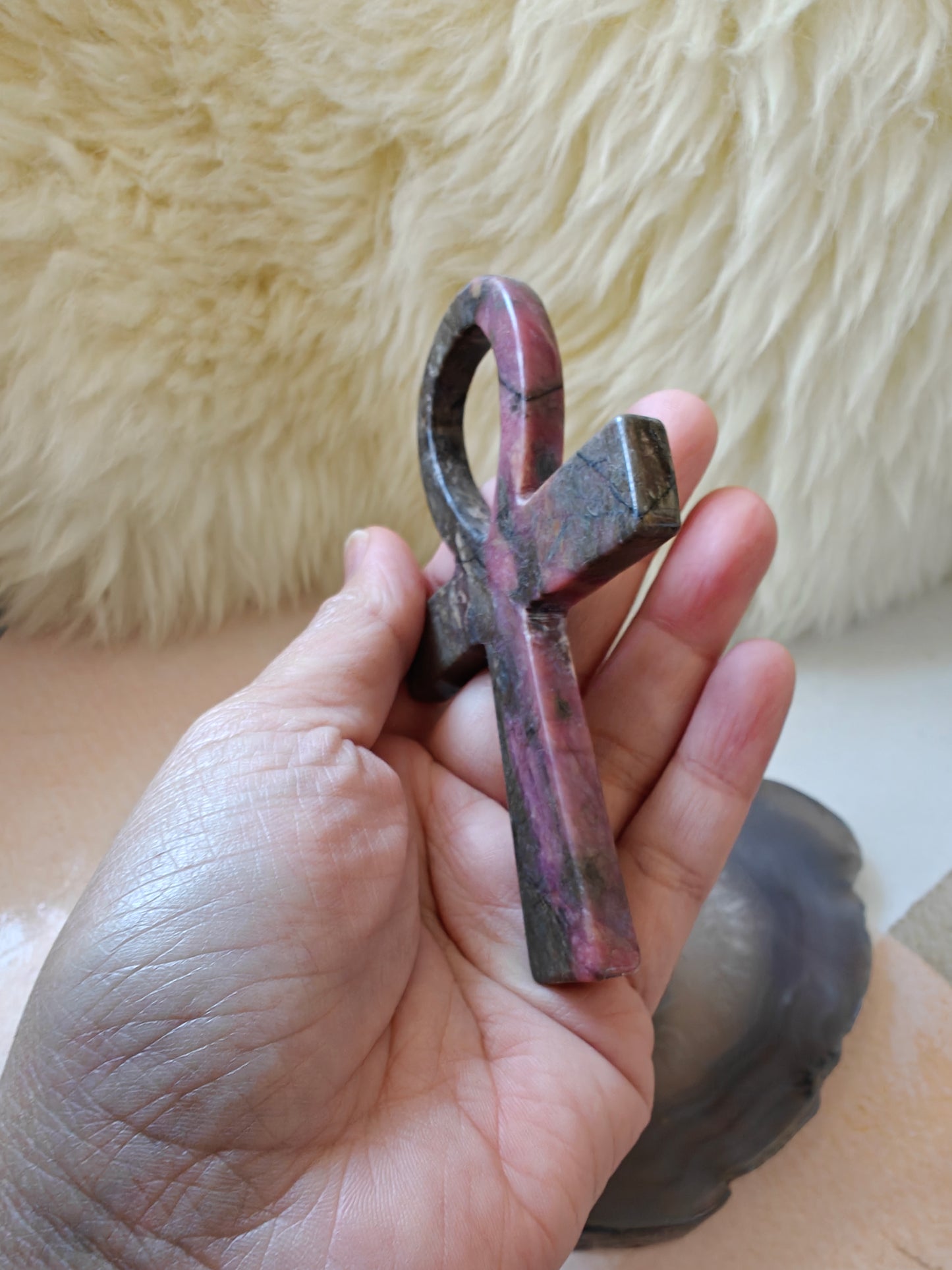 Ankh Cross Carving-Rhodonite