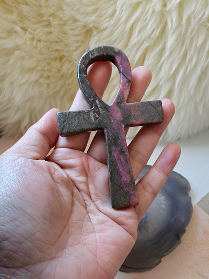 Ankh Cross Carving-Rhodonite