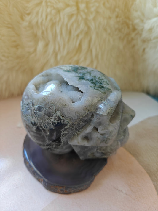 Druzy Moss Agate Skull