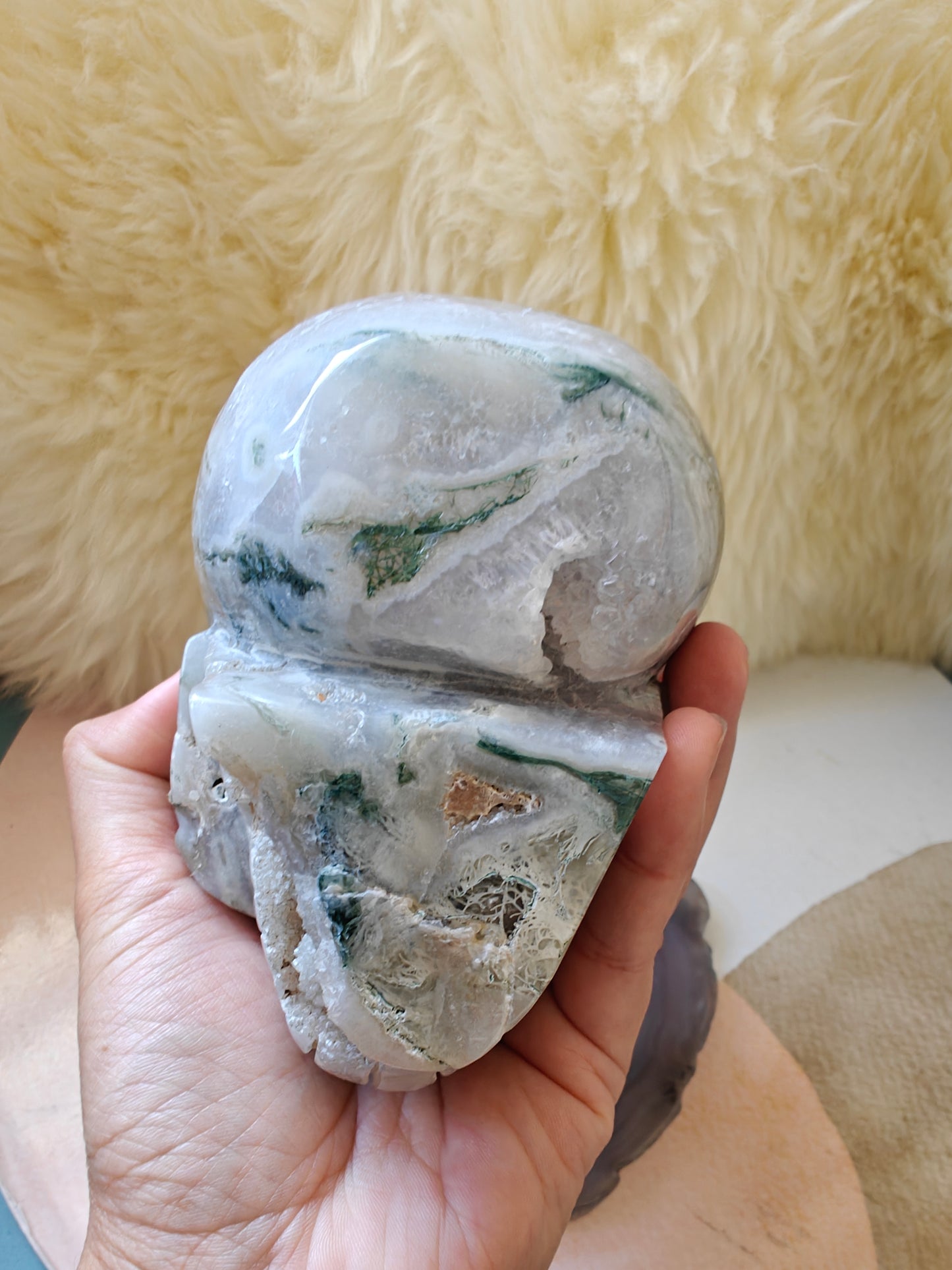 Druzy Moss Agate Skull