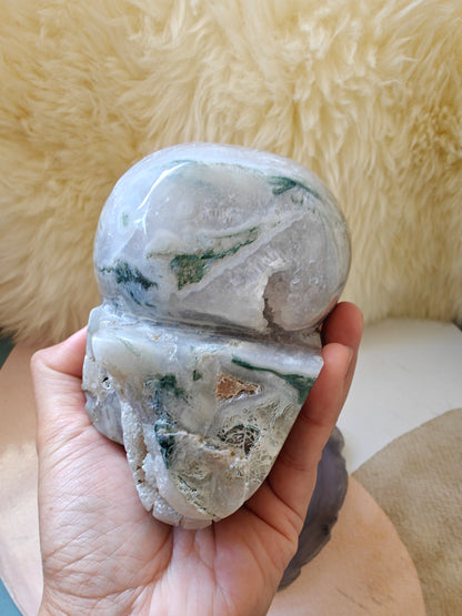 Druzy Moss Agate Skull