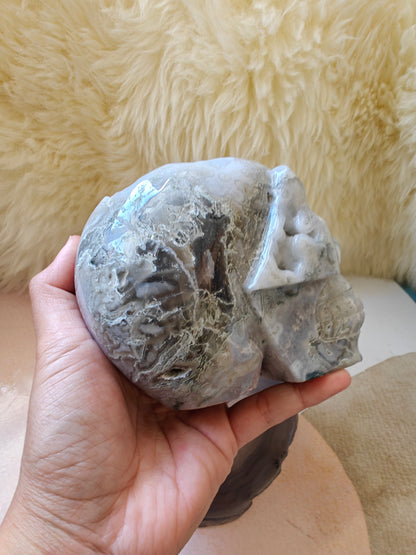 Druzy Moss Agate Skull