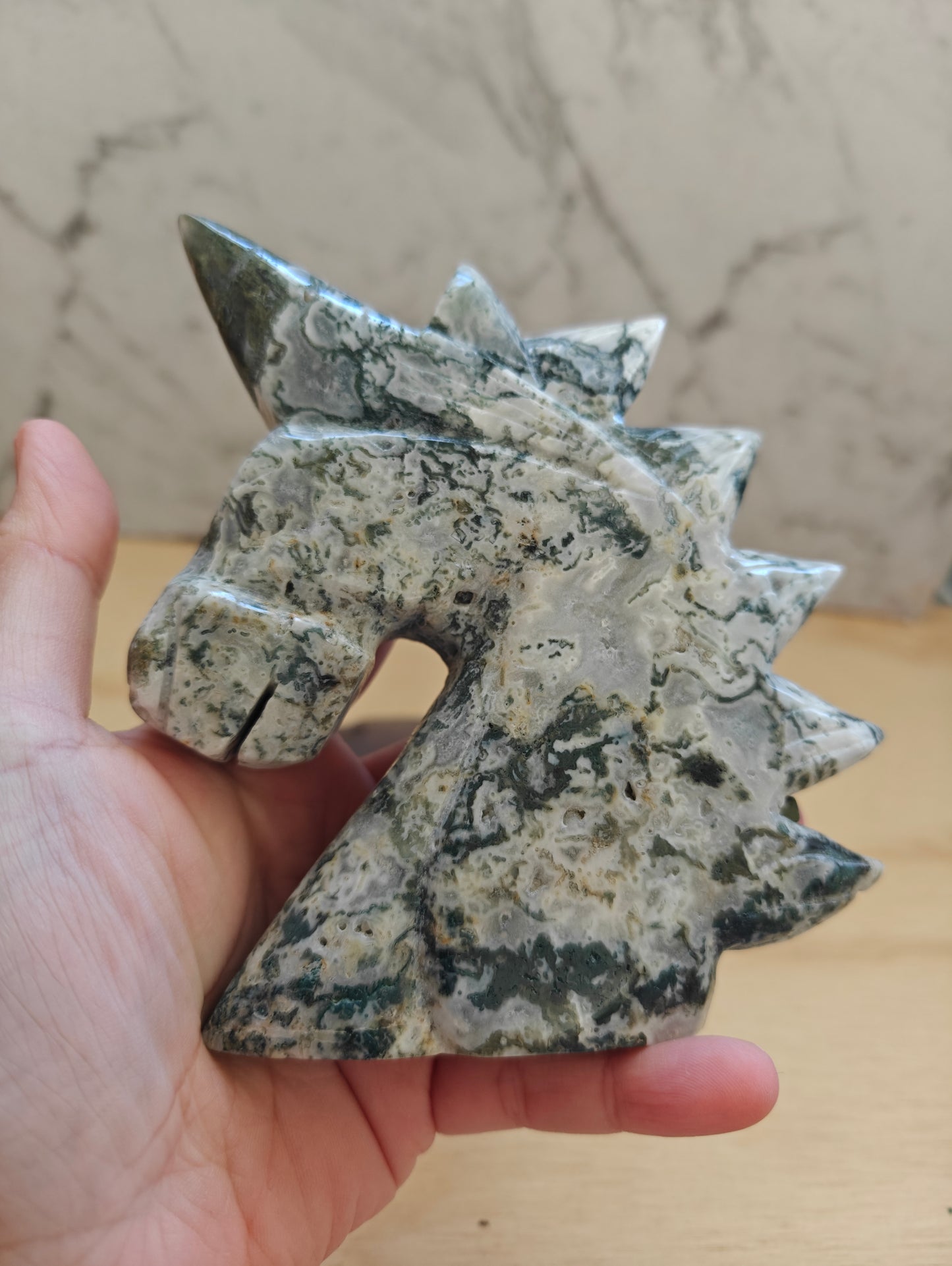 Green Moss Agate Unicorn Carving