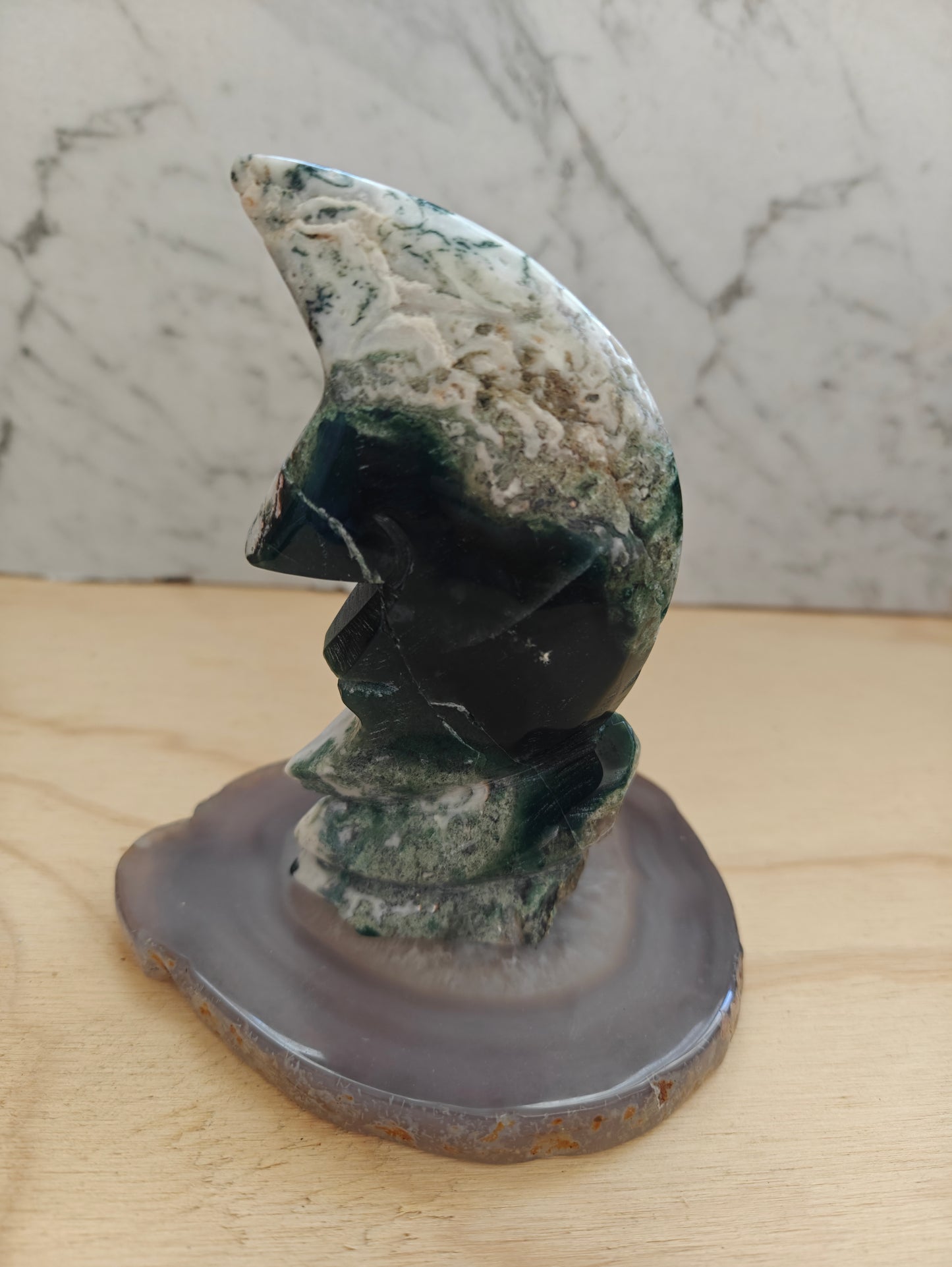 Moss Agate Druzy Moon Face/Crescent  Crystal Carving