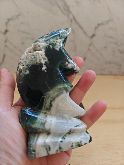 Moss Agate Druzy Moon Face/Crescent  Crystal Carving