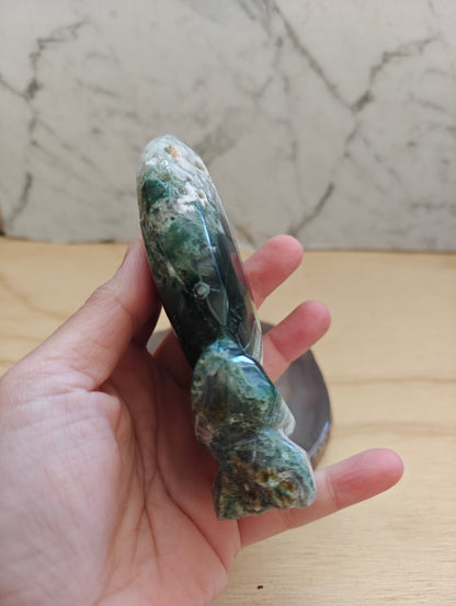 Moss Agate Druzy Moon Face/Crescent  Crystal Carving