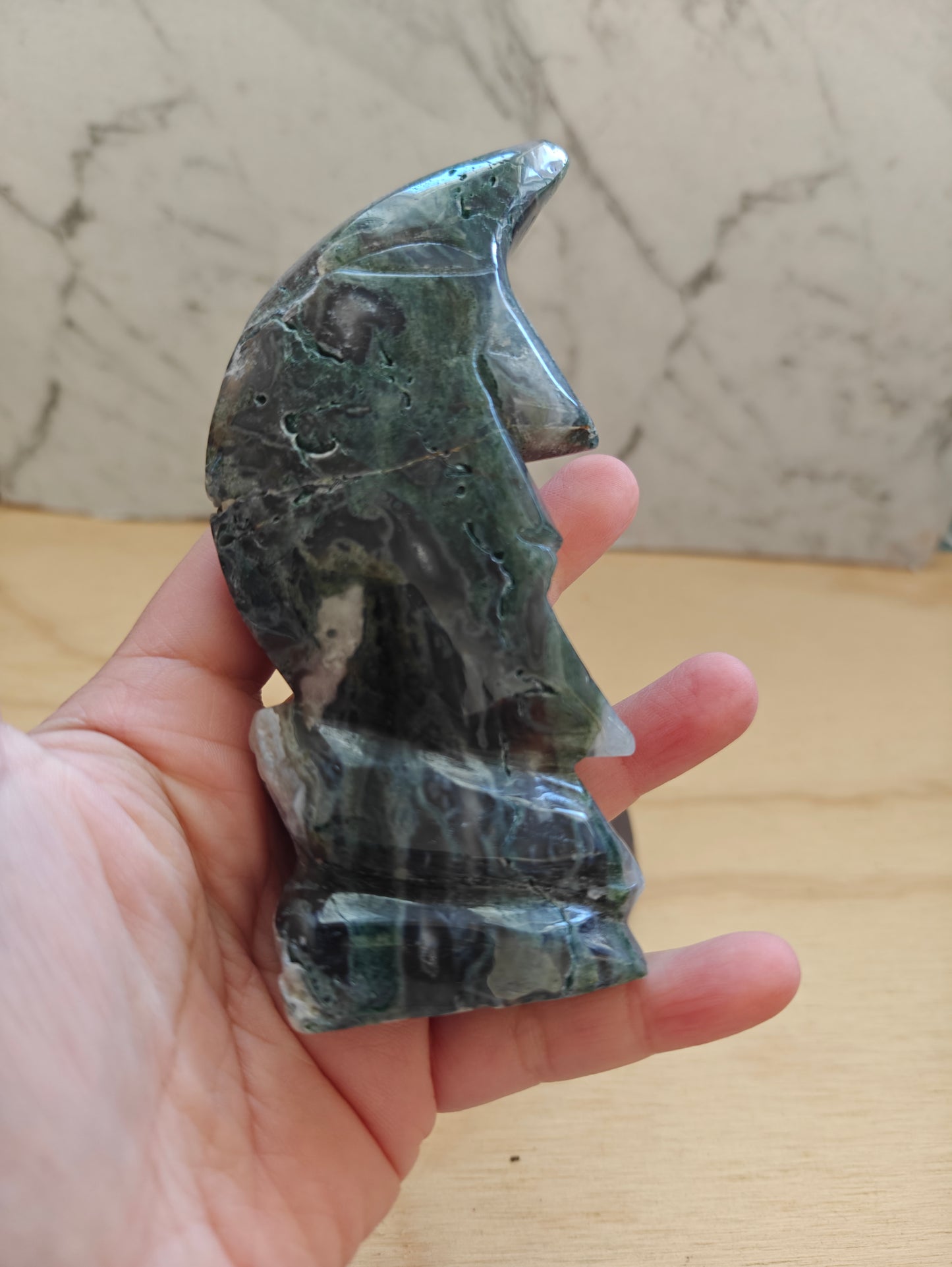 Moss Agate Druzy Moon Face/Crescent  Crystal Carving