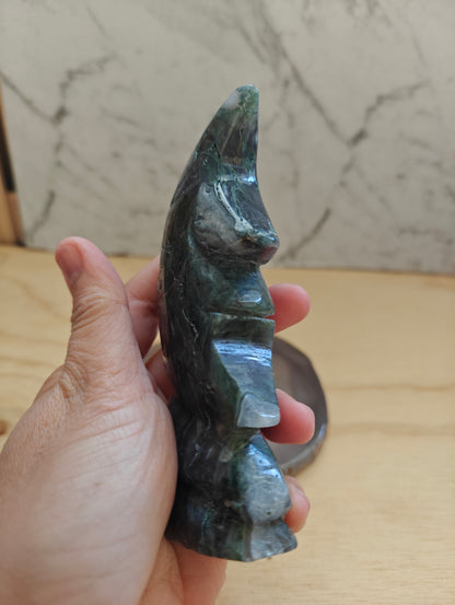 Moss Agate Druzy Moon Face/Crescent  Crystal Carving