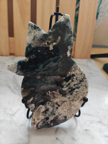 Moss Agate Druzy Crystal Cat Carving with Holder