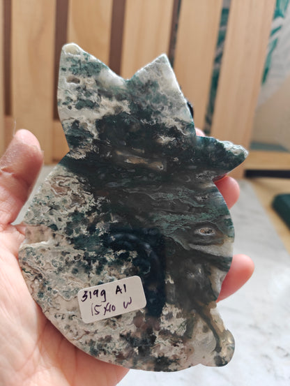 Moss Agate Druzy Crystal Cat Carving with Holder