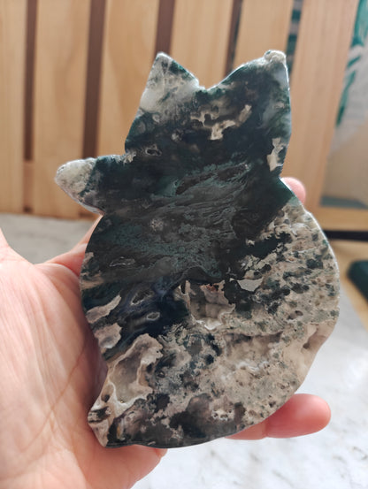 Moss Agate Druzy Crystal Cat Carving with Holder