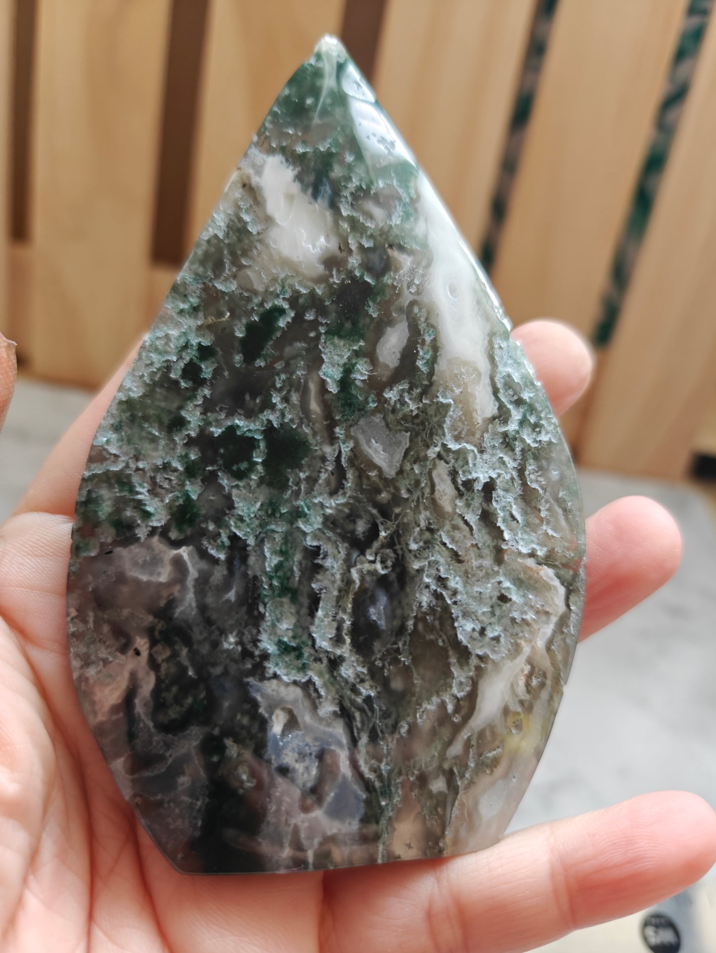 Moss Agate Flame Freeform with holder