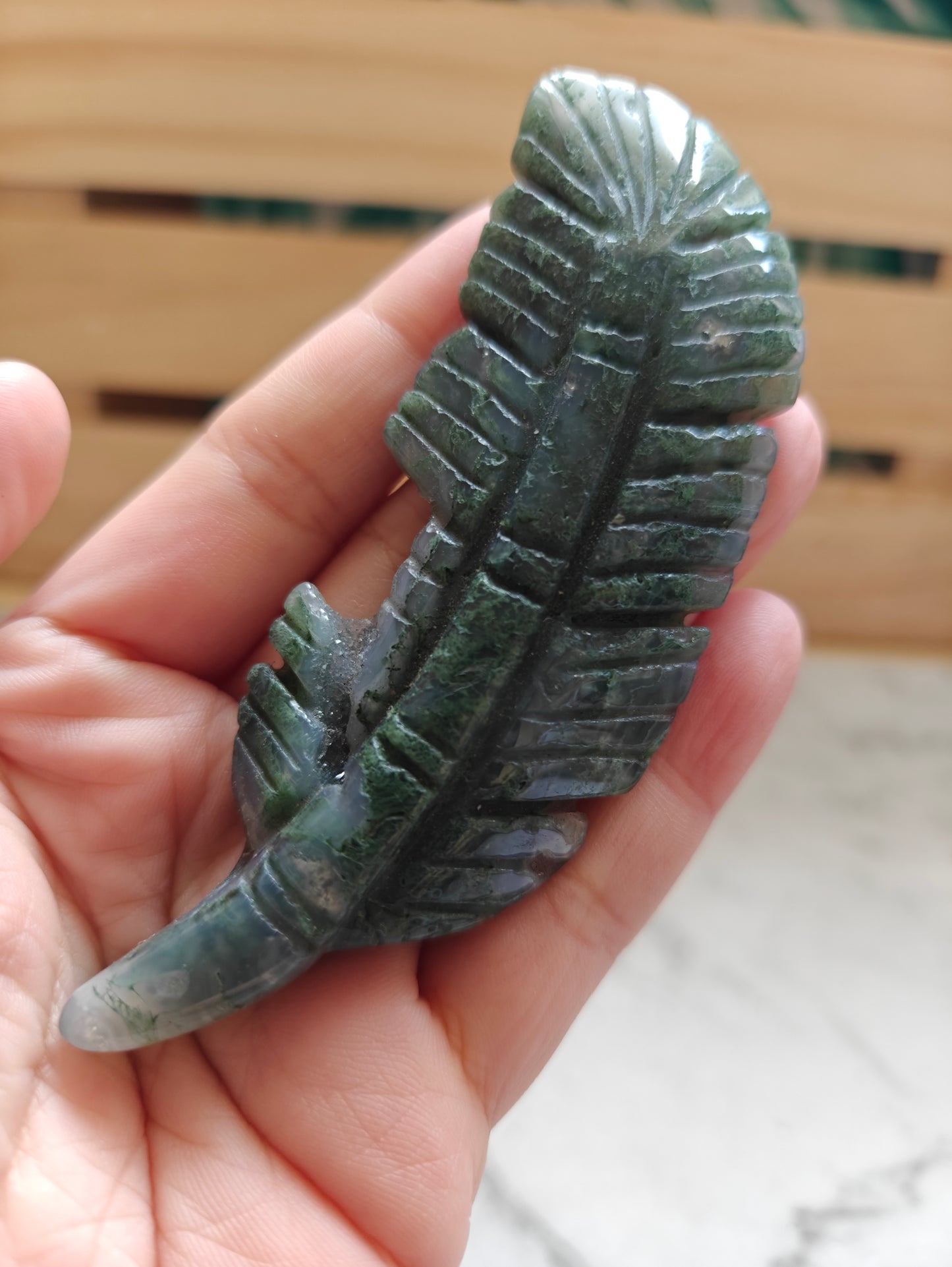 Moss Agate Crystal Feather Carving with Druzy