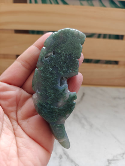 Moss Agate Crystal Feather Carving with Druzy