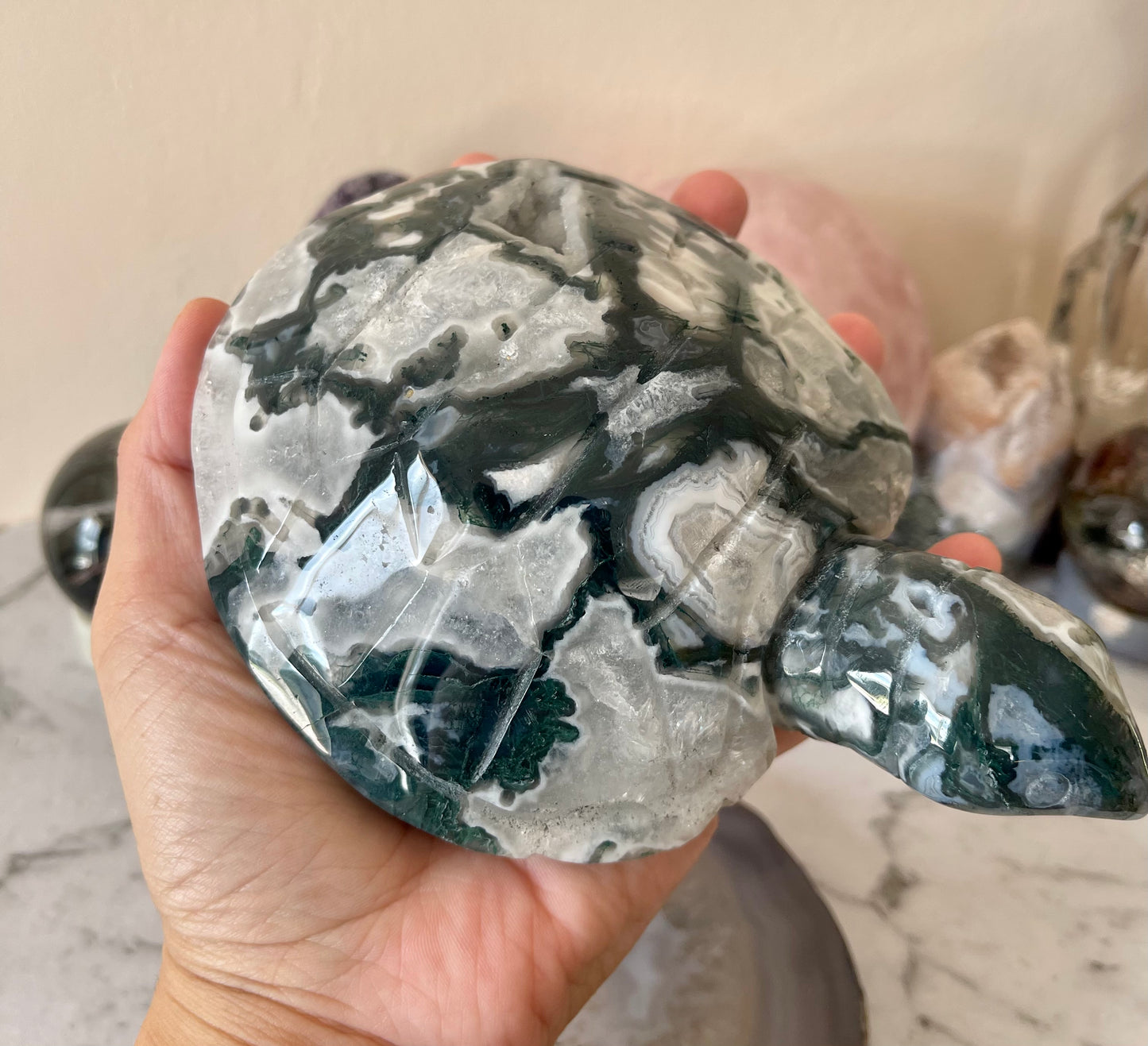 Moss Agate Druzy Turtle Crystal Carving