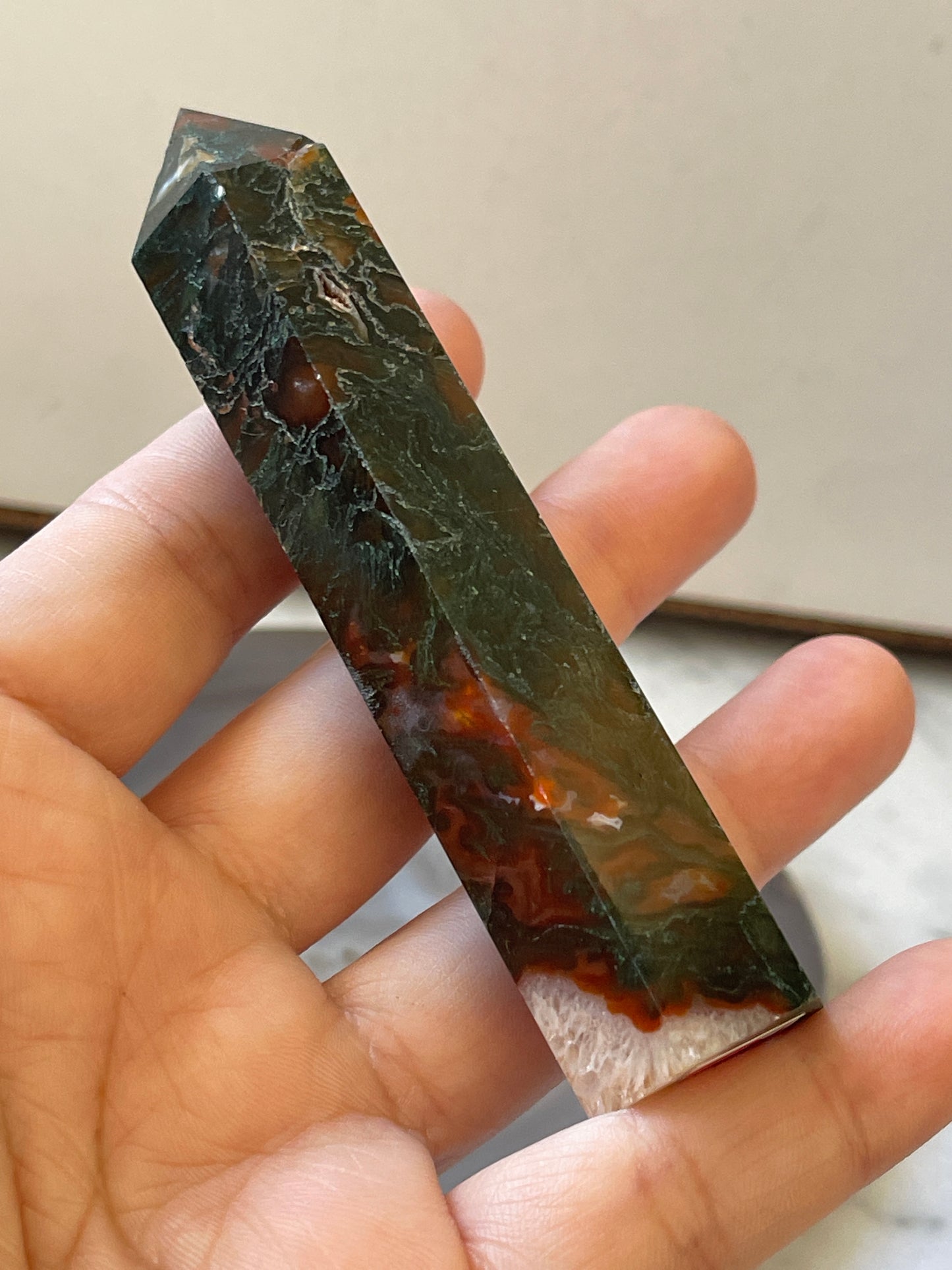 Moss Agate/Carnelian Crystal Point