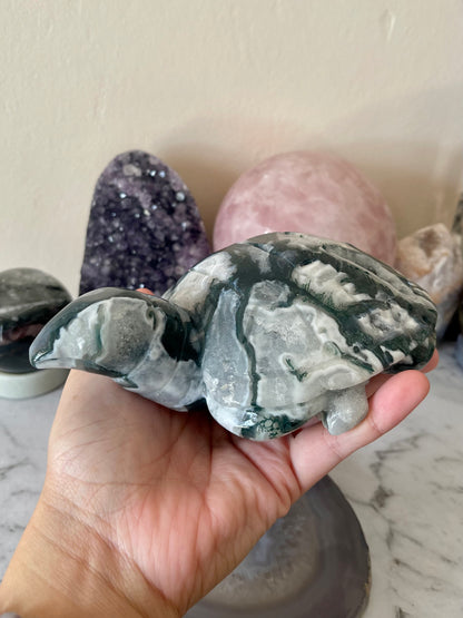 Moss Agate Druzy Turtle Crystal Carving