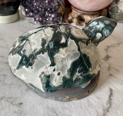 Moss Agate Druzy Turtle Crystal Carving