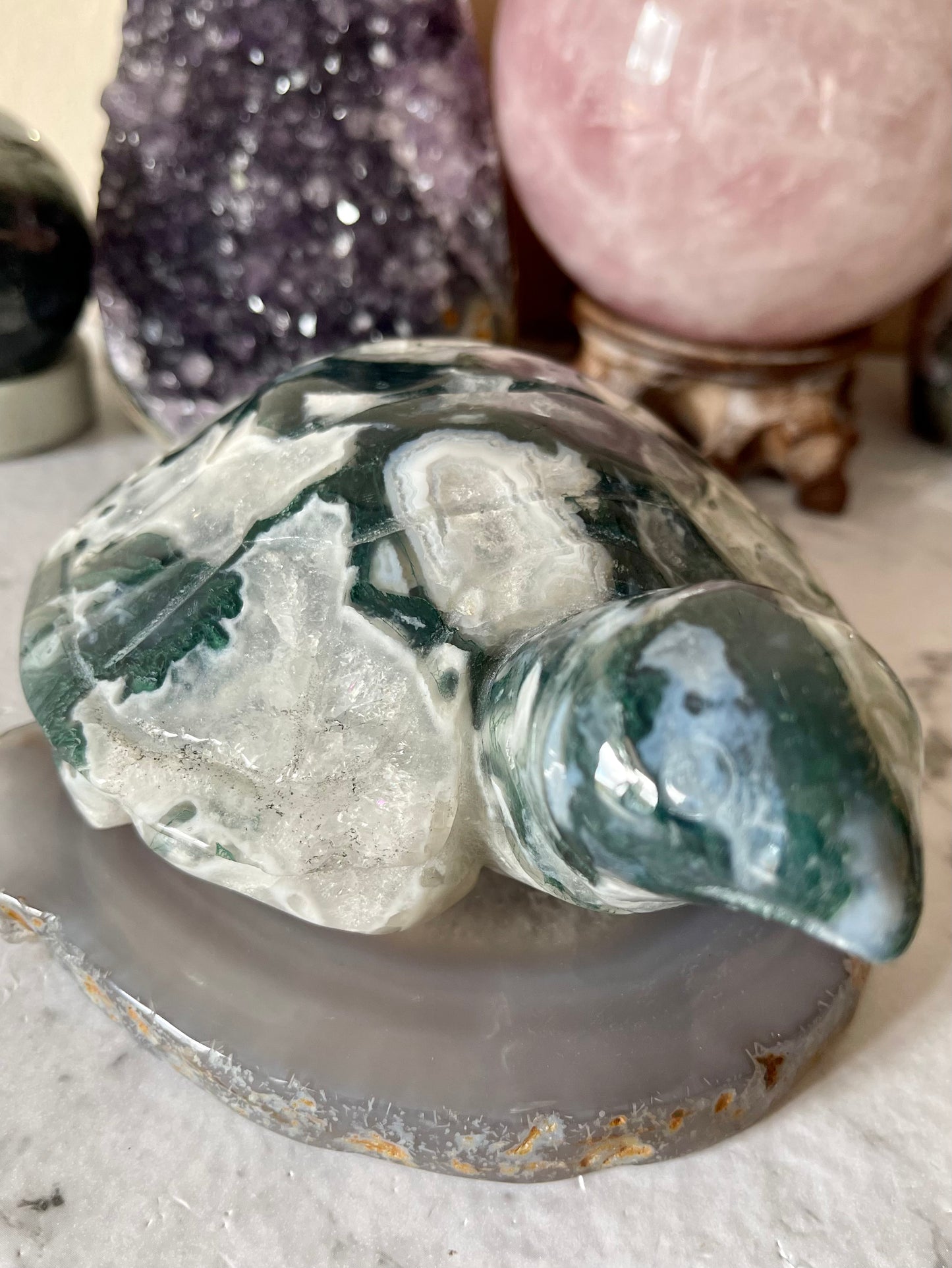 Moss Agate Druzy Turtle Crystal Carving