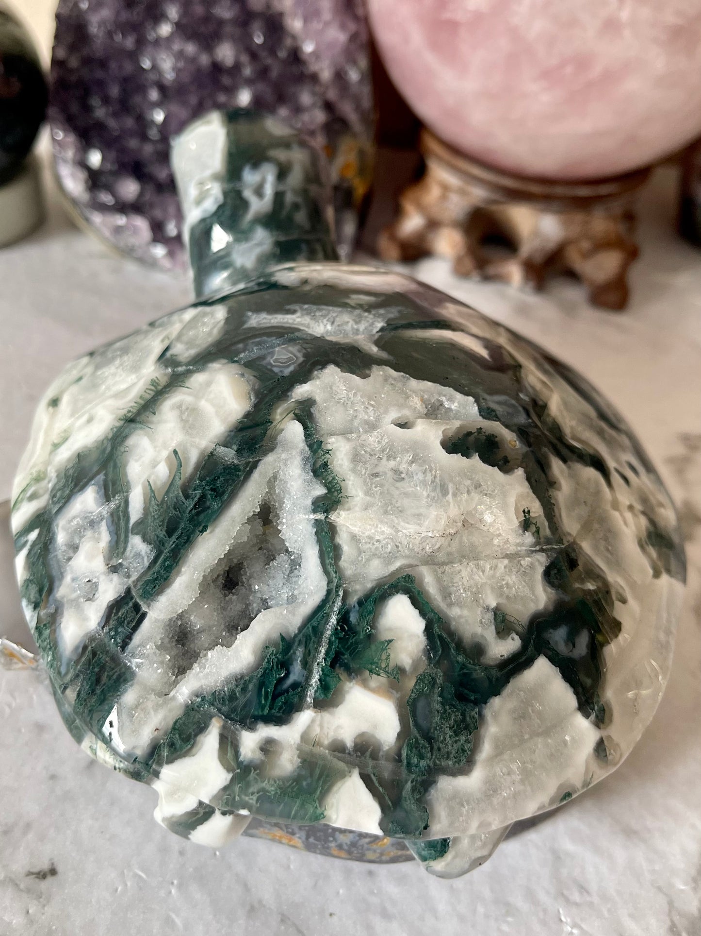 Moss Agate Druzy Turtle Crystal Carving