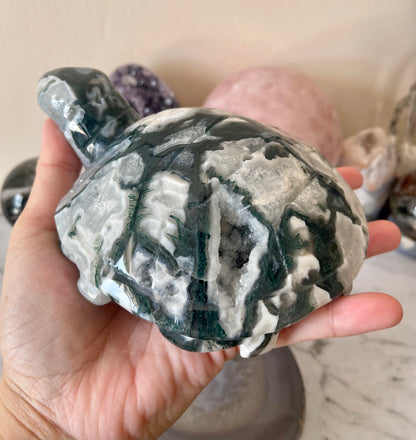 Moss Agate Druzy Turtle Crystal Carving