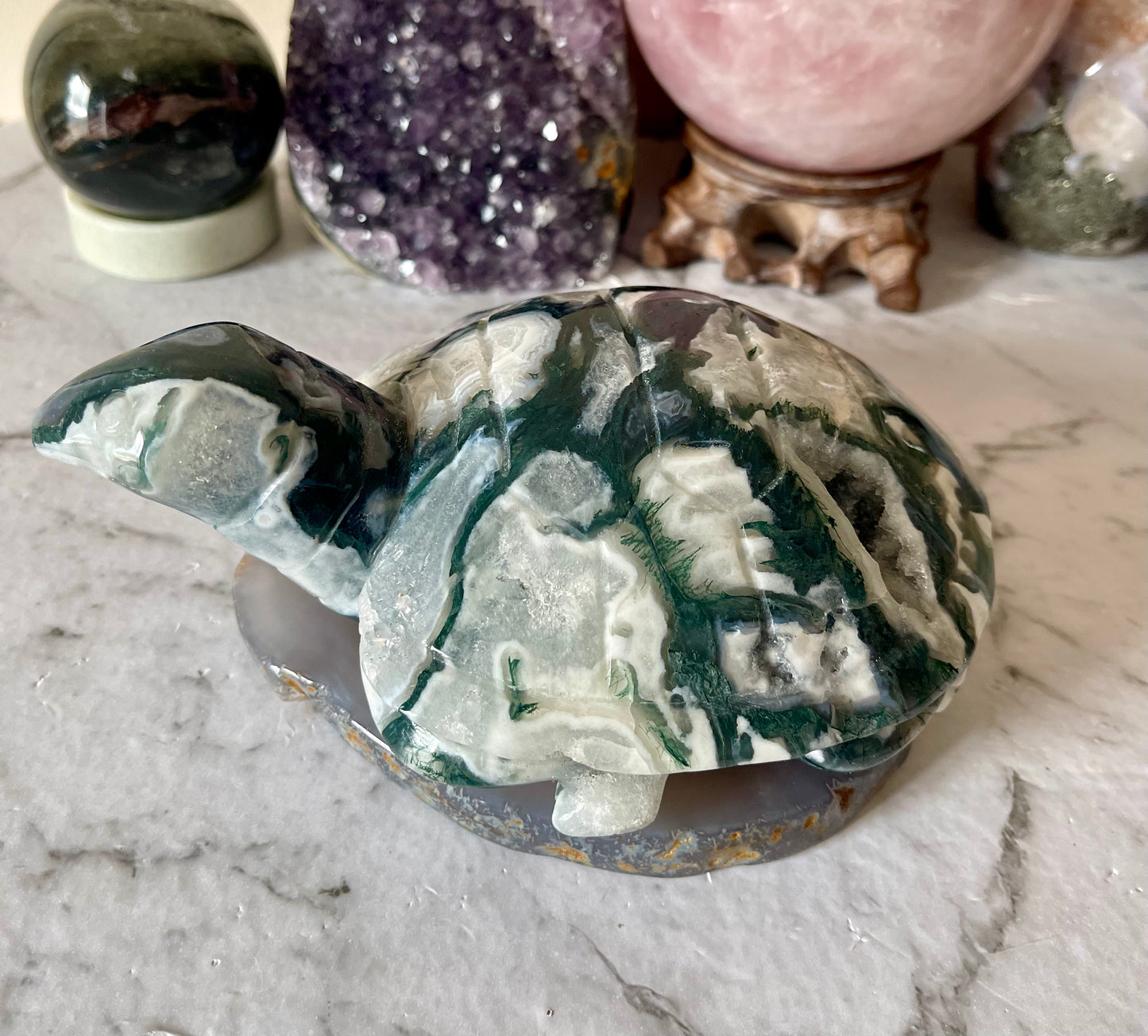 Moss Agate Druzy Turtle Crystal Carving