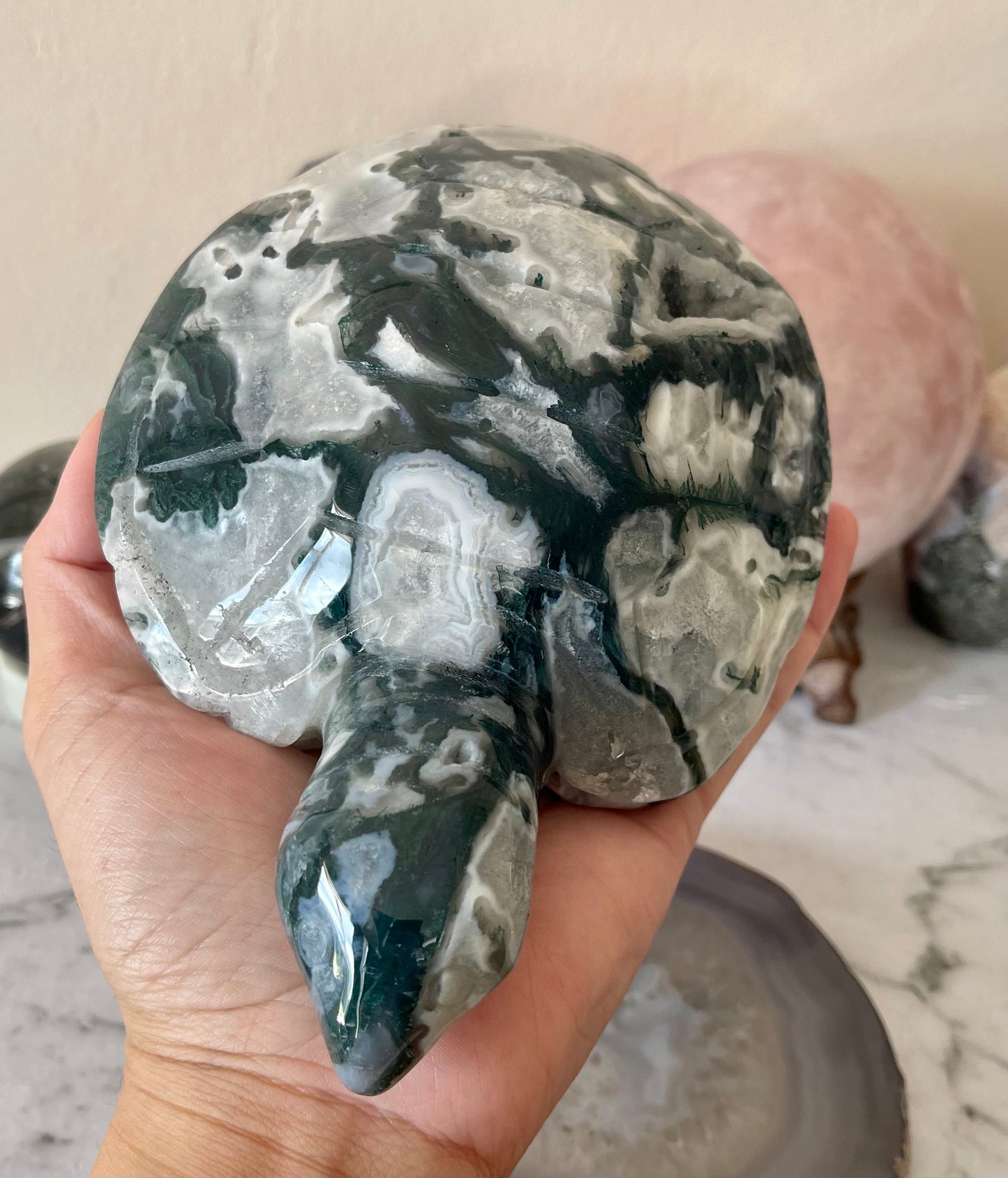 Moss Agate Druzy Turtle Crystal Carving