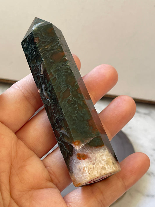 Moss Agate/Carnelian Crystal Point