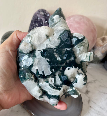 Moss Agate Druzy Turtle Crystal Carving