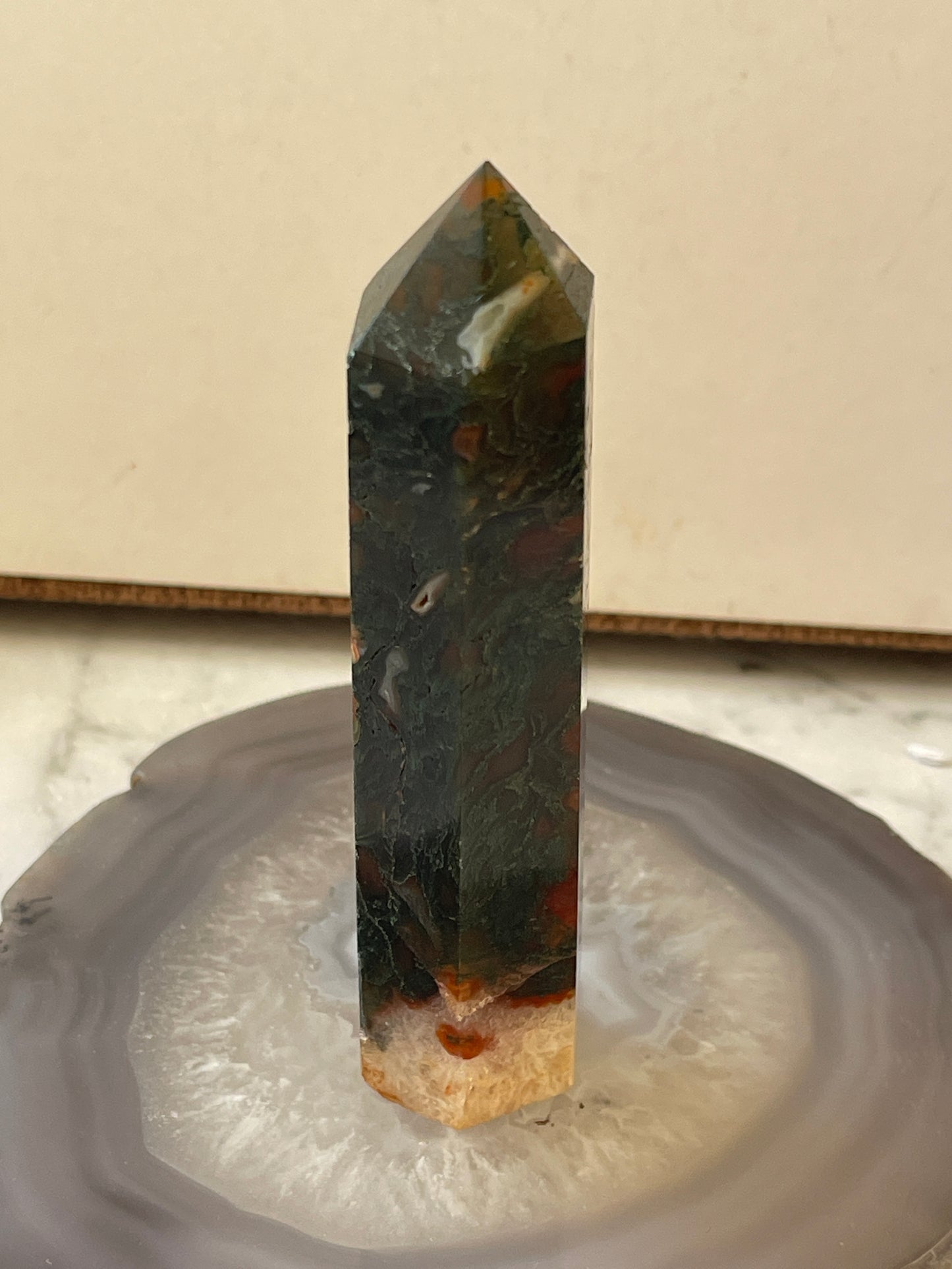 Moss Agate/Carnelian Crystal Point